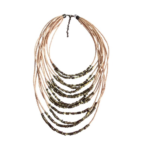 Jewelry - Vintage Multi Strand Beaded Necklace Peach Antique Gold Tone Beads Adj 16" + 3"